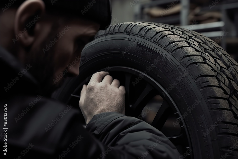 Car tire shop and service - mechanic holding new tyre on garage background Car tire shop and service - mechanic holding new tyre on garage background