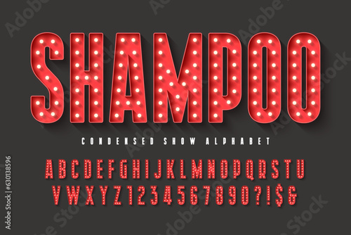 Retro cinema alphabet design, cabaret, LED lamps letters and numbers.