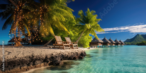 Christmas tree, chair lounges on beach, abstract Island in the South Pacific