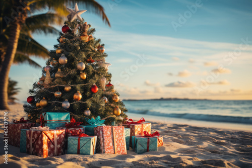 Tableau sur toile christmas tree and gifts on the sandy beach