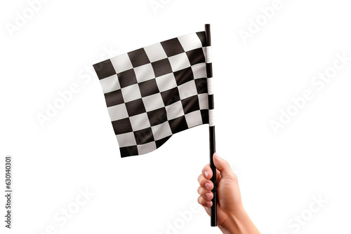Hand holding racing flag over isolated transparent background