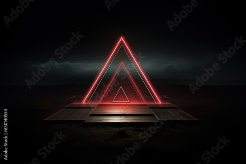 Geometric sign with neon light as portal to other dimension in the desert at night