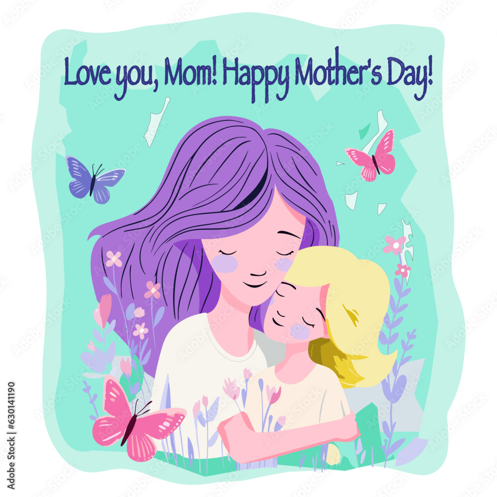 Mother's Day flat card vector illustration on a white background. a loving mother and child embracing, surrounded by delicate flowers and butterfly Mother's Day flat card vector illustration on a white background. a loving mother and child embracing, surrounded by delicate flowers and butterfly