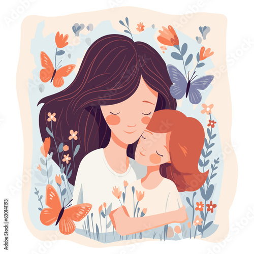 Mother's Day flat card vector illustration on a white background. a loving mother and child embracing, surrounded by delicate flowers and butterfly 