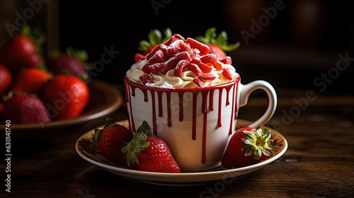 A Fresh Shot of a Cup full of Cream and Strawberries. Commercial Photoshoot in the Style of Professional Photography.
