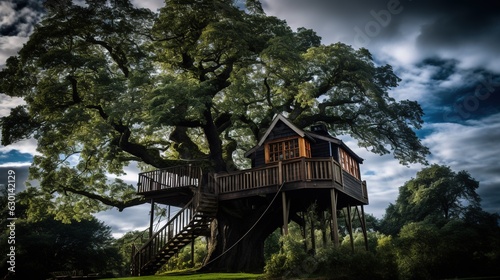 A Professional Shot of a Treehouse made of Wood.