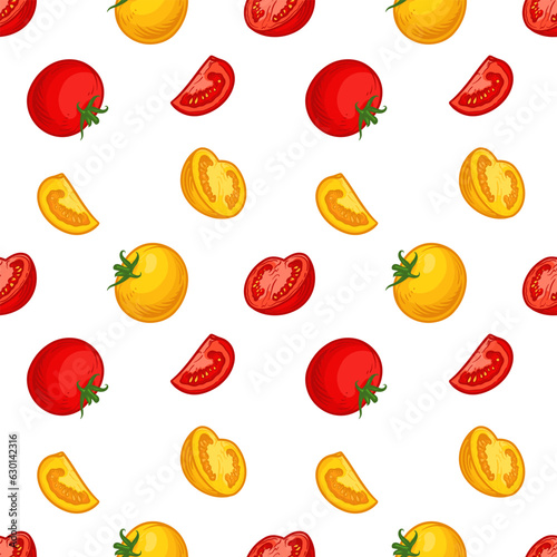 Red and yellow tomatoes. Seamless vector pattern.