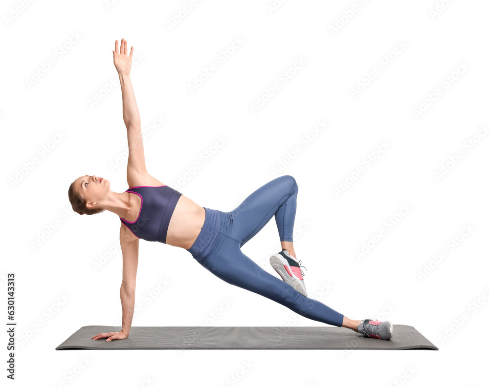 Young woman practicing yoga on white background