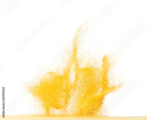 Small size yellow Sand flying explosion, gold cheese sands grain wave explode. Abstract cloud fly. Yellow colored sand splash throwing in Air. White background Isolated high speed shutter, throwing