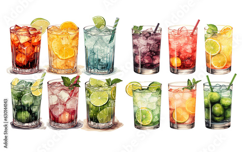 Fotografiet Watercolor cocktail drinks set on white background