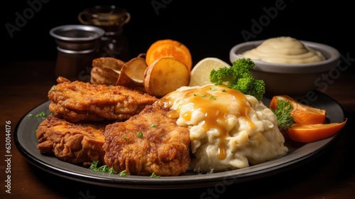 Closeup fried pork chops with melted mayonnaise on a plate, black background and blur