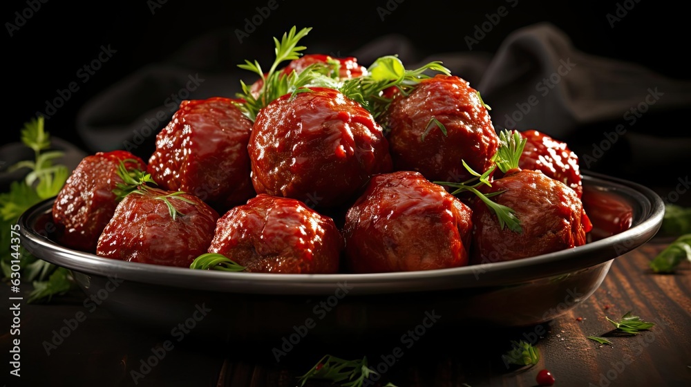 Closeup meatballs with melted tomato sauce on a bowl with a black background and blur Closeup meatballs with melted tomato sauce on a bowl with a black background and blur