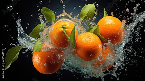 Closeup flying mandarin oranges hit by splashes of water on black background and blur