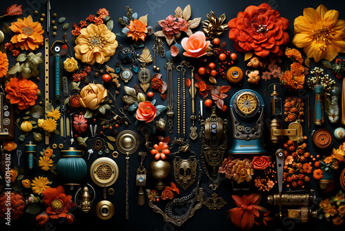 Fantastic vintage metal tools and gadgets of unknown purpose flat lay background. Antique shop showcase with retro equipment decorated with orange flowers. AI-generated illustration