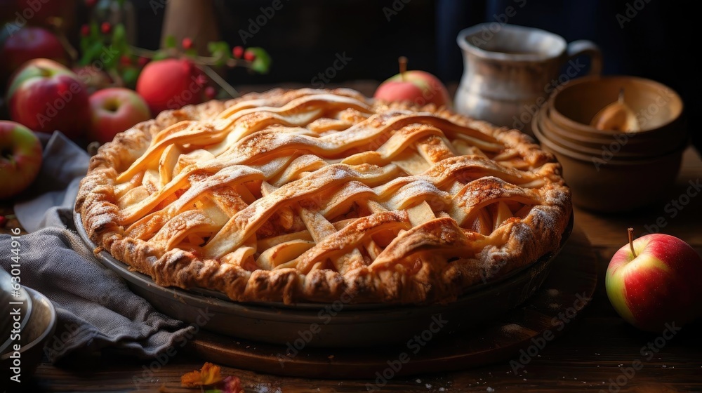 Closeup sweet apple pie with white sugar sprinkles on a wooden tray and blurred background