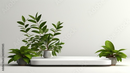 podium design for product display or product stand with leaf ornaments and minimalist background