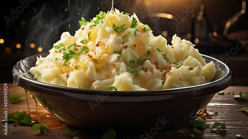 Closeup mashed potatoes with sprinkled green leaves on table with blurred background