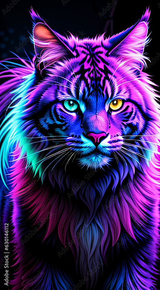 Neon Dreams: Maine Coon Cat Illuminated by Colorful Lights