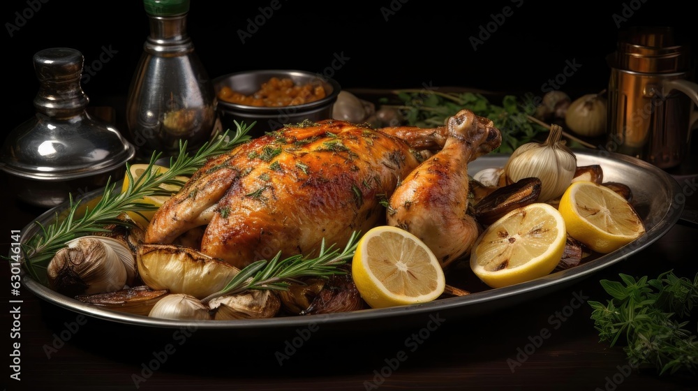 roasted chicken and garlic topped with greens and lemon on a wooden table with blur background roasted chicken and garlic topped with greens and lemon on a wooden table with blur background