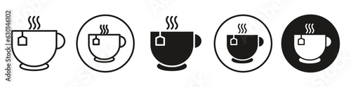 Tea Cup symbol Icon set collection. Vector mark of hot tea with sugar pouch flat outlined sign. Coffee cup or mug with tea bag web app ui use