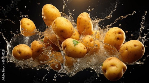 Closeup fresh potatoes splashed with water on black and blurred background