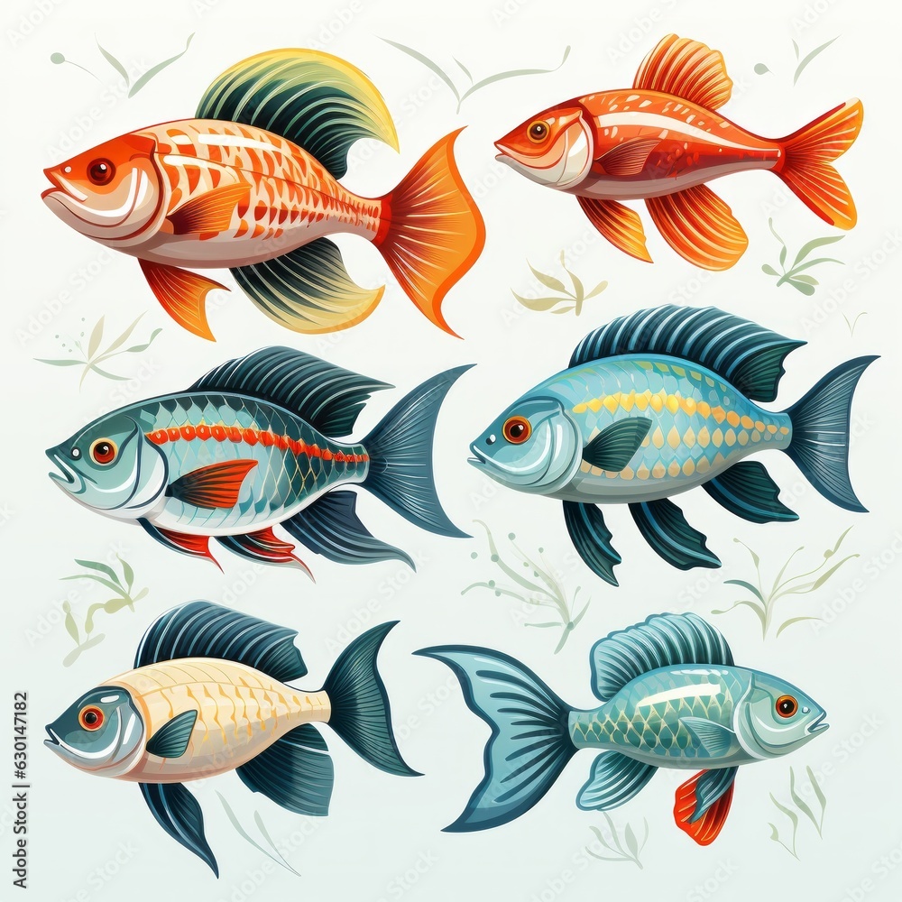 Illustrated fish on a white background. Generative AI. Illustrated fish on a white background. Generative AI.