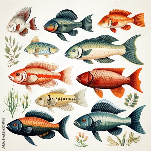 Illustrated fish on a white background. Generative AI. 