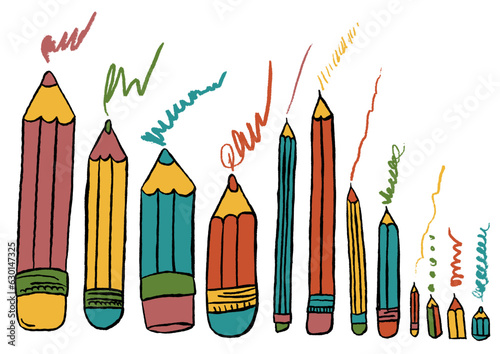 Pencils set. Hand drawn crayons collection. Colourful isolated elements. Kids style drawing pencil. Doodle crayon. Isolated vector illustration.