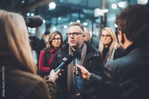 mature professional politician man being interviewed live by a tv broadcast channel with microphones and cameras on a press conference outside on the city street. Generative AI