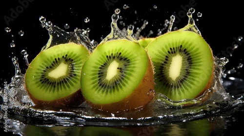Closeup fresh green kiwis splashed with water on black and blurred background