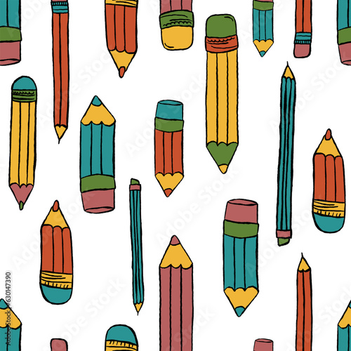 Pencils seamless pattern. Hand drawn crayons collection. Colorful elements. Kids style drawing pencil. Doodle crayon. Cute wallpaper. Vector illustration on white background