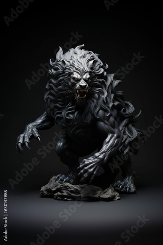 Sculpture of Werebeast, Werewolf or Were Lion, Dark Black Background