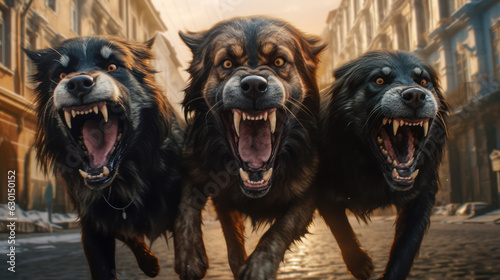 3 angry and aggressive dogs with big teeth on the street