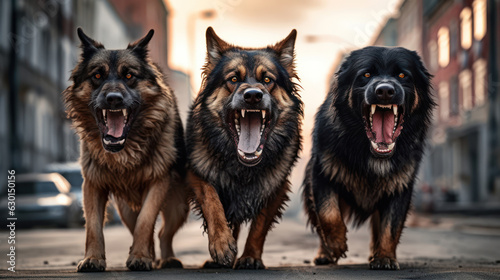  3 angry and aggressive dogs with big teeth on the street