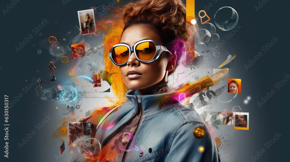 A woman who uses various gadgets for fashion. A person adorned with various wearable IoT devices like smartwatches, fitness trackers, and augmented reality glasses A woman who uses various gadgets for fashion. A person adorned with various wearable IoT devices like smartwatches, fitness trackers, and augmented reality glasses