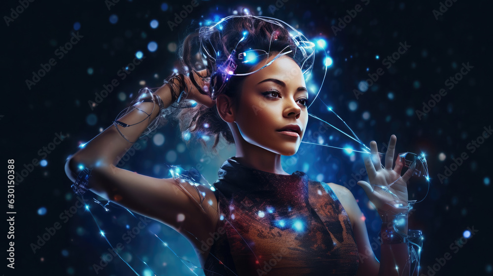 A woman who uses various gadgets for fashion. A person adorned with various wearable IoT devices like smartwatches, fitness trackers, and augmented reality glasses A woman who uses various gadgets for fashion. A person adorned with various wearable IoT devices like smartwatches, fitness trackers, and augmented reality glasses