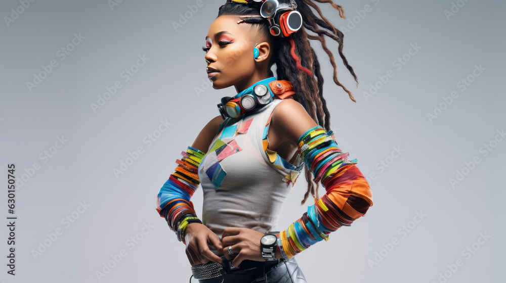A woman who uses various gadgets for fashion. A person adorned with various wearable IoT devices like smartwatches, fitness trackers, and augmented reality glasses A woman who uses various gadgets for fashion. A person adorned with various wearable IoT devices like smartwatches, fitness trackers, and augmented reality glasses