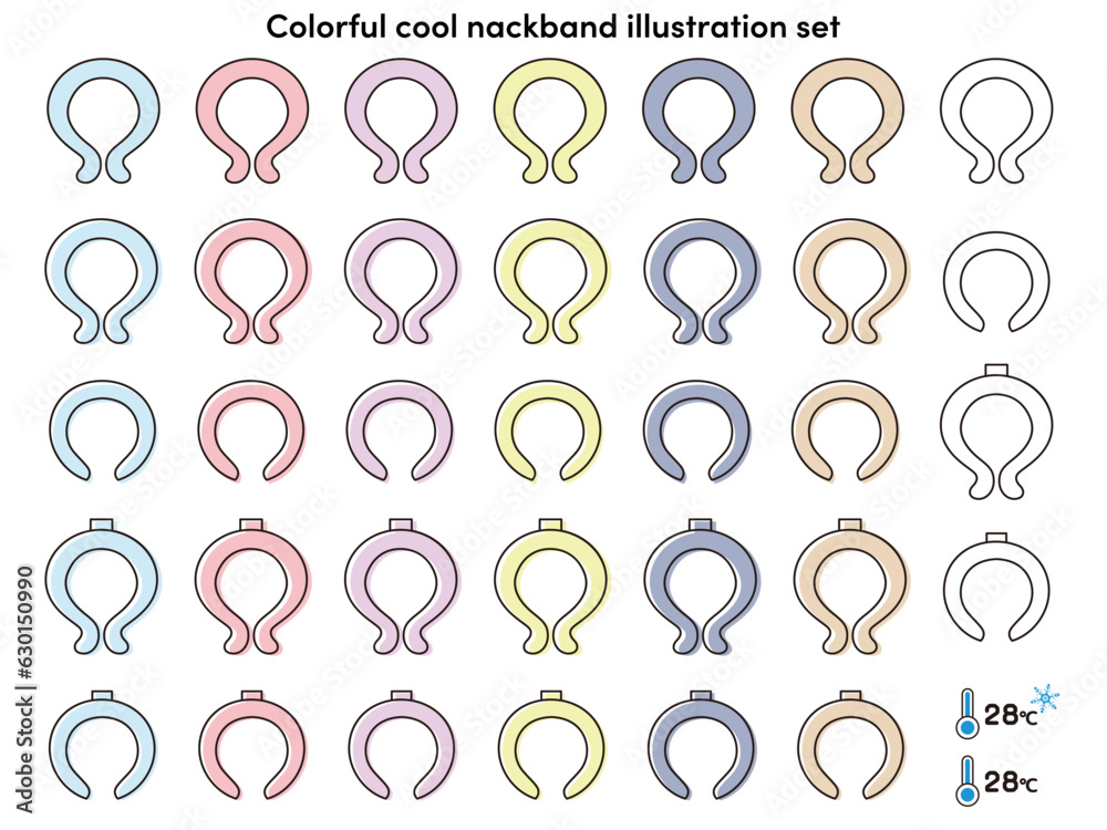 カラフルなクールネックリングのイラストセット カラフルなクールネックリングのイラストセット