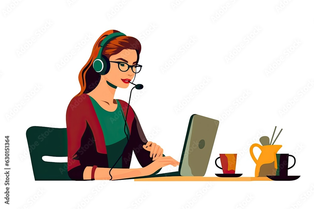 illustration, young customer service representative working in front of a computer, minimalist on a white background. generative ai illustration, young customer service representative working in front of a computer, minimalist on a white background. generative ai