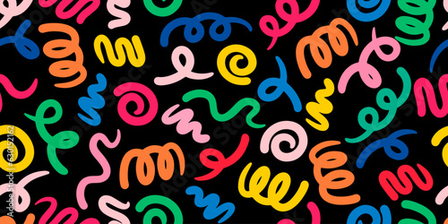 Doodle sketch style of colorful shapes and lines on black background for children or trendy design. seamless pattern creative minimalist style art background.