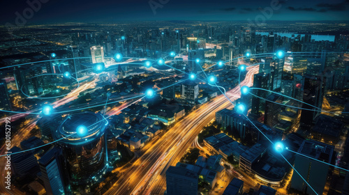 Aerial view of smart city infrastructure, industrial IoT applications, and environmental sensors, demonstrating the revolutionary impact of IoT on urban and industrial life. photo