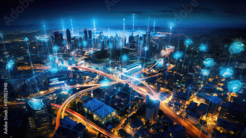 Aerial view of smart city infrastructure, industrial IoT applications, and environmental sensors, demonstrating the revolutionary impact of IoT on urban and industrial life.