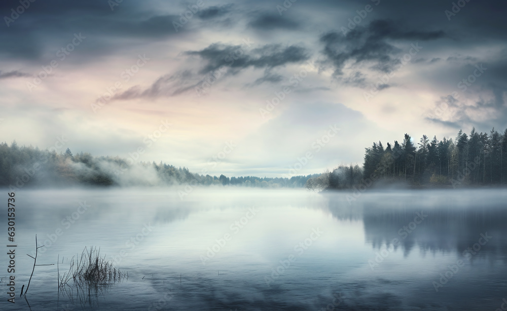 misty morning on the river. clouds over the lake