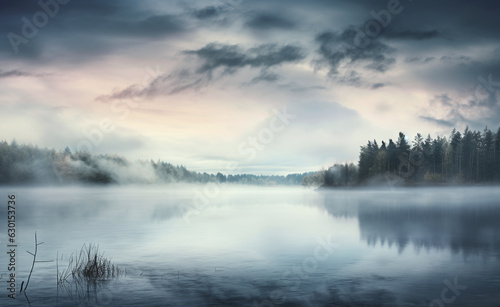 misty morning on the river. clouds over the lake