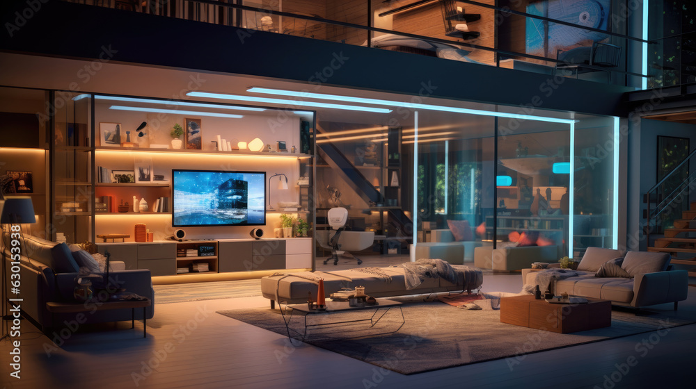 A smart home setup. A modern living space equipped with smart home devices like smart lights, thermostats, and voice - controlled assistants