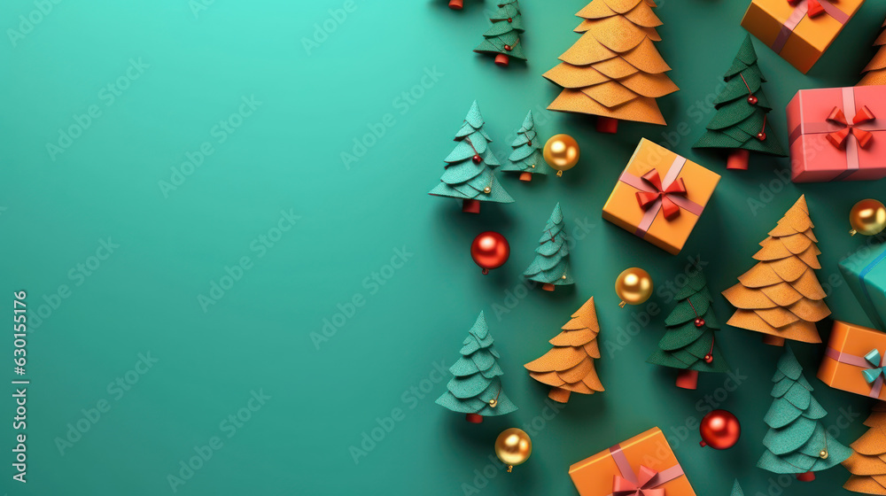 Сolorful christmas background with presents and christmas tree on dark green background