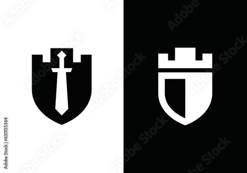 shield and castle logo design. symbol for defense vector illustration