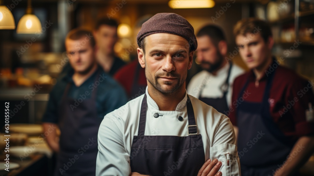 Chef at the kitchen. Looking at the camera with a team behind Chef at the kitchen. Looking at the camera with a team behind