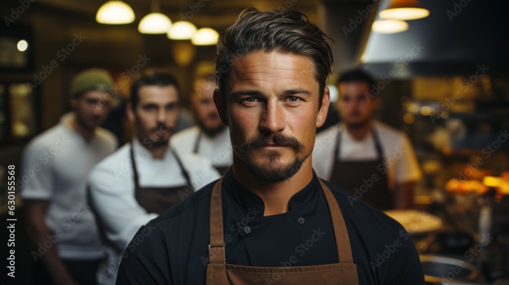 Fototapeta premium Chef at the kitchen. Looking at the camera with a team behind