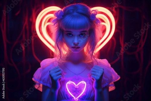 portrait of a person with a neon glowing heart in her chest and heart background.